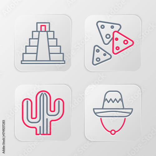 Set line Mexican sombrero, Cactus, Nachos and Chichen Itza in Mayan icon. Vector