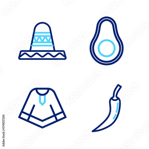 Set line Hot chili pepper pod, Poncho, Avocado fruit and Mexican sombrero icon. Vector