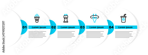Set line Paper glass with straw, Sausage on the fork, Stage stand tribune and Ice cream in waffle cone icon. Vector