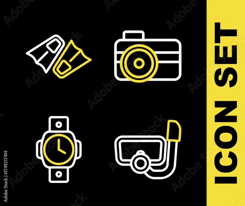 Set line Photo camera for diver, Diving mask with snorkel, watch and Flippers swimming icon. Vector