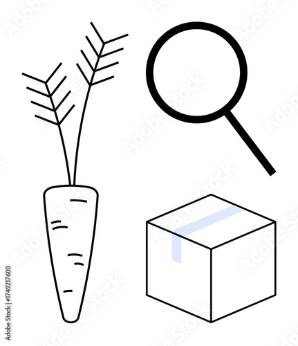 Carrot, magnifying glass, and sealed box symbolizing agricultural products, inspection, delivery. Ideal for sustainability, food supply chain, packaging, quality control organic produce logistics