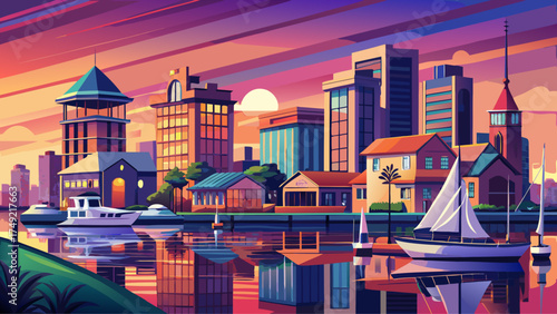 Very beautiful view of Hampton, Virginia downtown waterfront district at sunset, vector-style illustration highlighting colorful skies, calm water reflections, and coastal elegance.