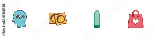Set Head with 18 plus, Condoms in package, Dildo vibrator and Shopping bag heart icon. Vector