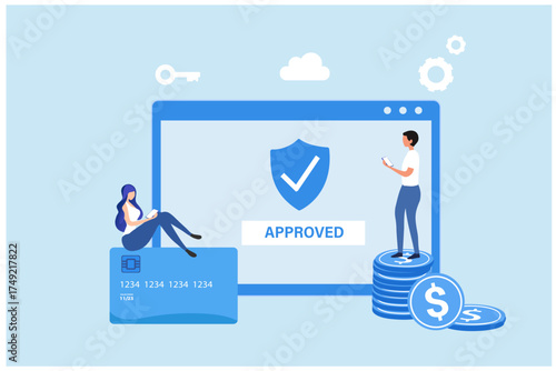 Online mobile payment and banking service, payment approved concept. People paying successfully and safety vector