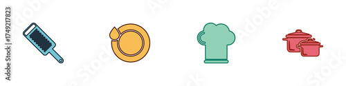 Set Grater, Washing dishes, Chef hat and Cooking pot icon. Vector