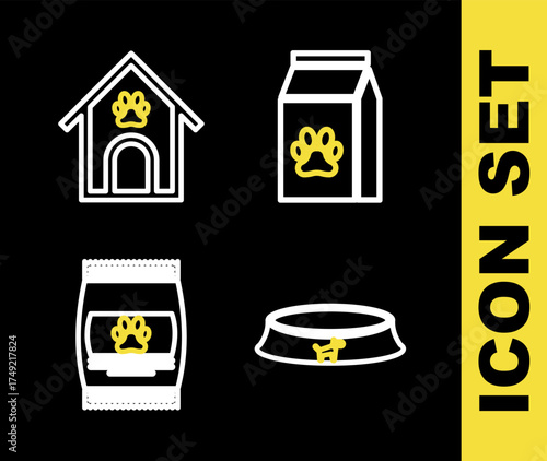 Set line Bag of food for pet, Pet bowl, and Dog house and paw print icon. Vector