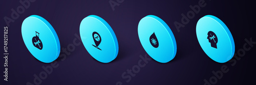 Set Isometric Human head service, Dirty water drop, Location and Bioengineering icon. Vector