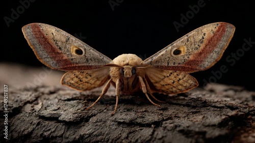 A beautifully detailed close-up of a moth resting on a bark, showcasing its vibrant colors and unique patterns, highlighting the intricate beauty of nature's creatures.
