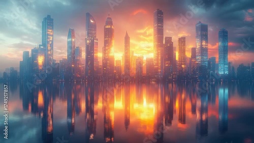 Cityscape at Sunset - A Stunning Reflection on the Water.