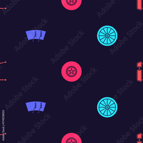 Set Car wheel, Windscreen wiper, brake disk and Truck side mirror on seamless pattern. Vector