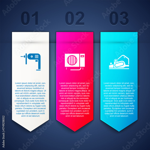 Set Electric drill machine, Air conditioner and planer tool. Business infographic template. Vector