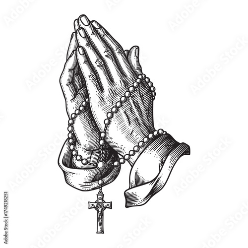Praying Hands with Rosary, engraving vector illustration