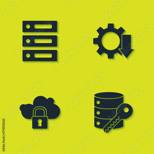 Set Server, Data, Web Hosting, security with key, Cloud computing lock and Cost reduction icon. Vector