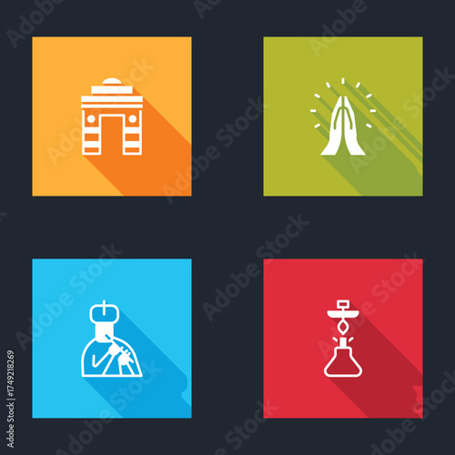 Set India Gate in Delhi, Hands praying position, Indian man plays flute and Hookah icon. Vector