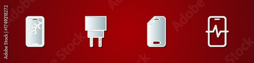 Set Mobile with broken screen, Charger, Glass protector and Phone repair service icon. Vector