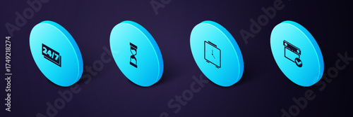 Set Isometric Calendar with check mark, Alarm clock, Old hourglass and Clock 24 hours icon. Vector