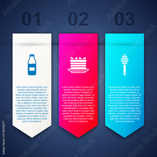 Set Bottle with milk, Cake and Honey dipper stick. Business infographic template. Vector