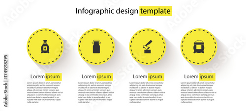 Set Pack full of seeds of plant, Can container for milk, Wooden axe and Bag flour. Business infographic template. Vector