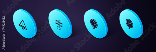 Set Isometric Parking, Turn back road sign, Road barrier and Uneven ahead icon. Vector