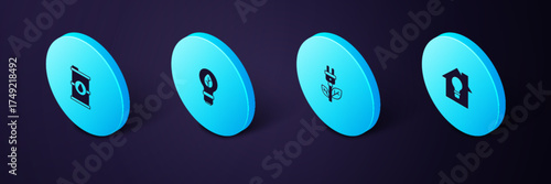Set Isometric Smart house and light bulb, Electric saving plug in leaf, Light with and Bio fuel barrel icon. Vector