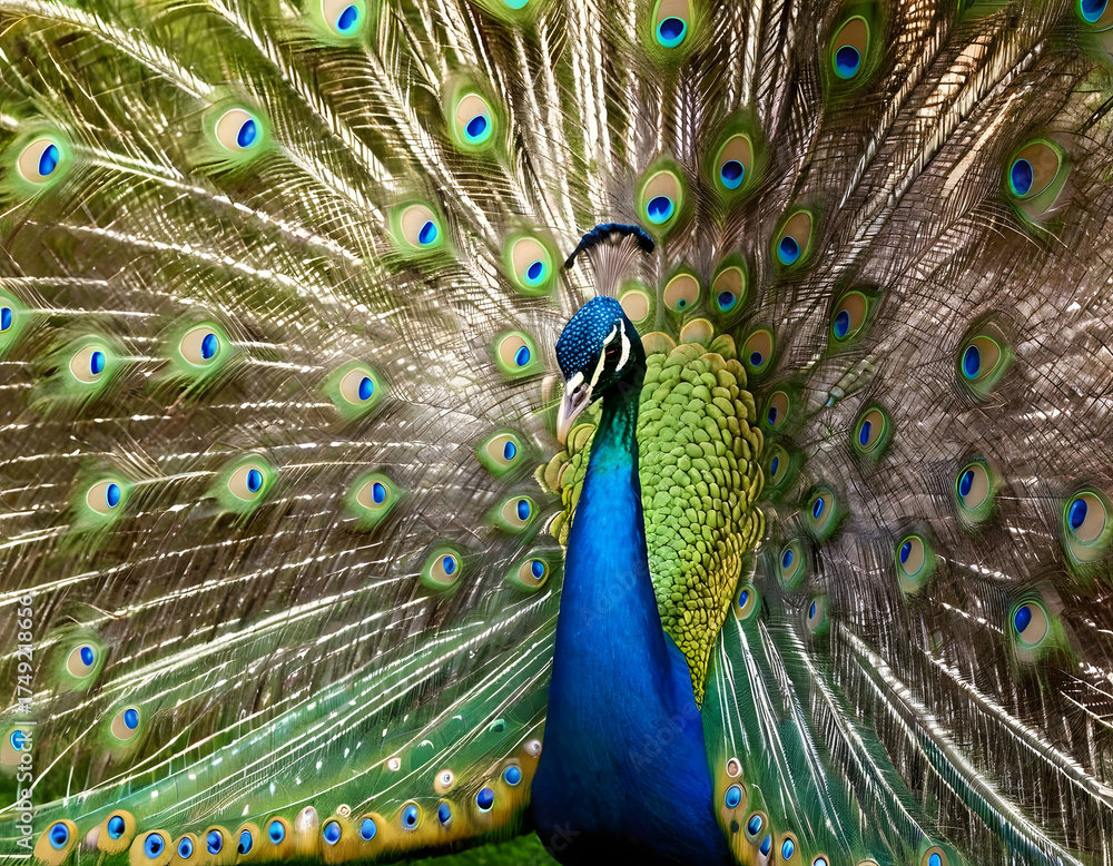 Obraz premium brilliantly colorful peacock displaying its iridescent plumage in full glory. Concept of natural splendor.