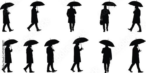 Silhouette people walking under umbrellas, rainy day vector illustration, black and white design, city weather concept, isolated elegant urban art.