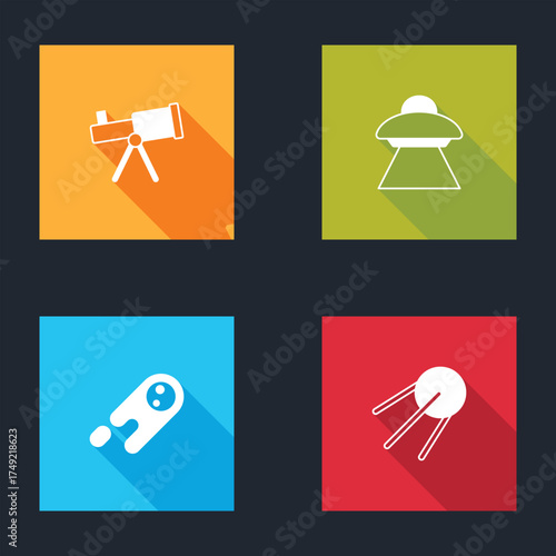 Set Telescope, UFO flying spaceship, Comet falling down fast and Satellite icon. Vector