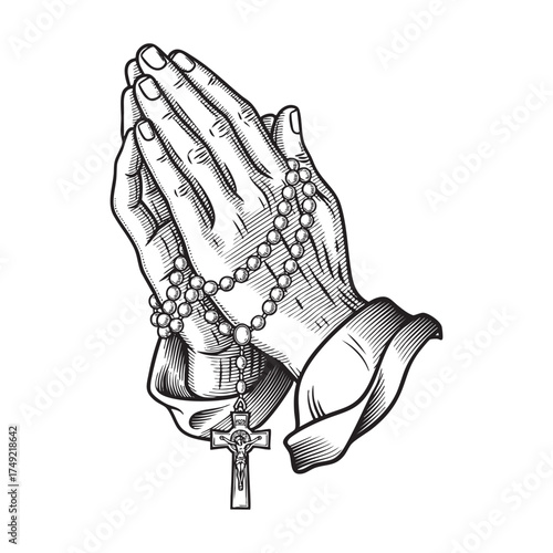 Praying Hands with Rosary, engraving vector illustration