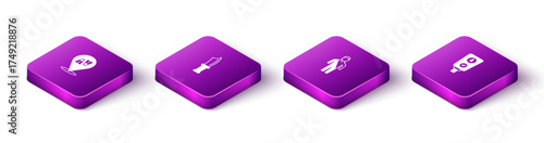 Set Isometric Flippers for swimming, Diving knife, Wetsuit scuba diving and Gauge scale icon. Vector
