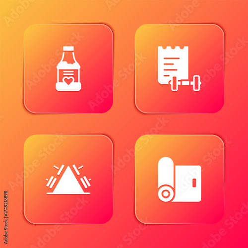 Set Vitamins, Sport training program, Metal rack with weight and Fitness mat roll icon. Vector