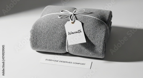 A folded gray blanket with a tag offering warmth