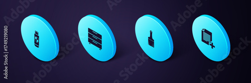 Set Isometric Add new file, Paint brush, Furniture nightstand and USB flash drive shield icon. Vector