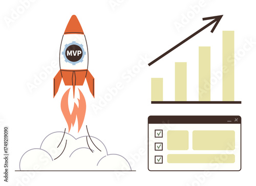 Rocket labeled MVP launching, growth bar chart, and checklist interface representing startup success, innovation, productivity, goal setting, market testing, project management. Ideal for startups