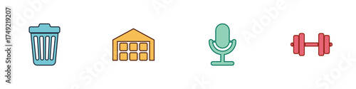 Set Trash can, Warehouse, Microphone and Dumbbell icon. Vector