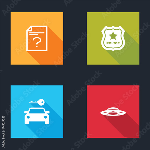 Set Unknown document, Police badge, Car rental and UFO flying spaceship icon. Vector