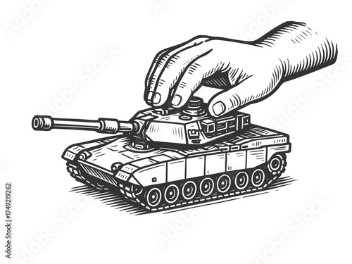 Hand manipulating a toy tank, symbolizing control, war, and power sketch engraving generative ai fictional character vector illustration. Scratch board imitation. Black and white image.