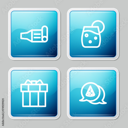 Set line Birthday party horn, Cocktail, Gift box and Slice of pizza icon. Vector