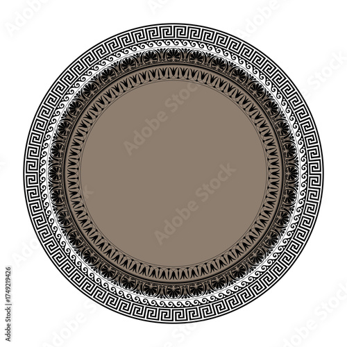 Round gold black frame with greek patterns on white background. Circle porcelain plate with arabesque, floral meander. Greek key. Pattern of Greece, ancient Rome. For textile, embroidery, porcelain