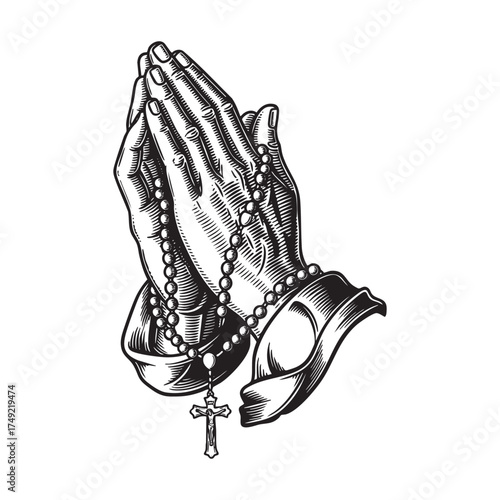 Praying Hands with Rosary, engraving vector illustration