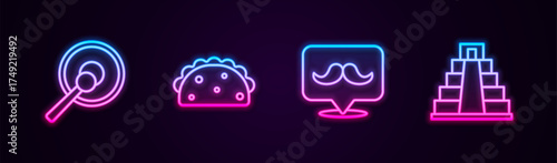Set line Gong, Taco with tortilla, Mustache and Chichen Itza in Mayan. Glowing neon icon. Vector