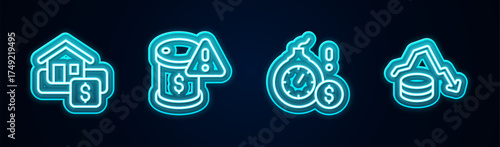 Set line Hanging sign with Sale, Drop crude oil price, Money bomb dollar crisis and Dollar rate decrease. Glowing neon icon. Vector