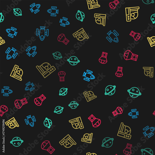 Set line Rocket ship, Planet Saturn, Astronaut helmet and Box flying parachute on seamless pattern. Vector