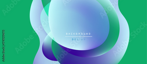 Abstract fluid shapes overlap, creating vibrant gradients. Green background complements blue, purple hues. Modern design element.