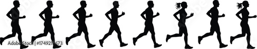Silhouette sequence of man and woman running together in motion, fitness workout, jogging, exercise, marathon training, active lifestyle illustrationSilhouette sequence of man and woman 