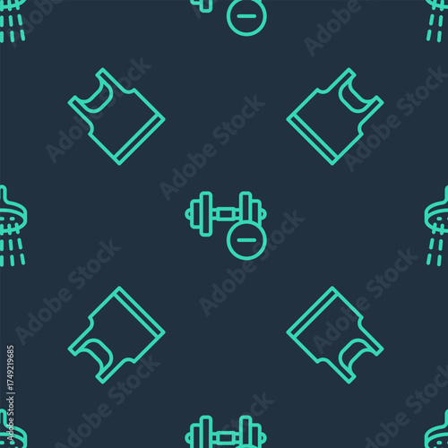 Set line Dumbbell, Sleeveless t-shirt and Shower on seamless pattern. Vector