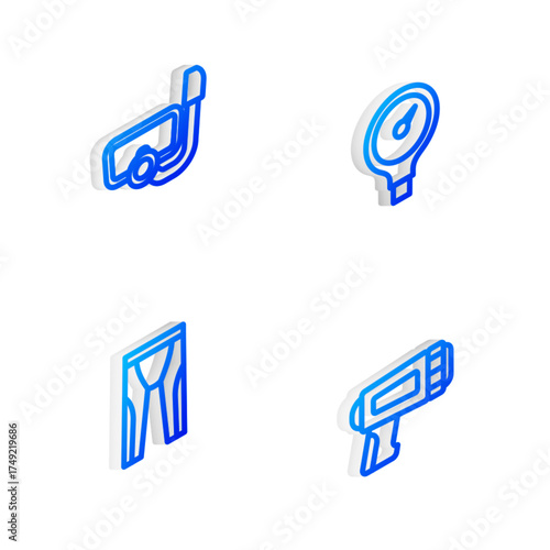 Set Isometric line Gauge scale, Diving mask with snorkel, Wetsuit for scuba diving and Flashlight diver icon. Vector
