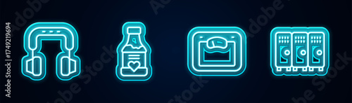 Set line Headphones, Vitamins, Bathroom scales and Locker or changing. Glowing neon icon. Vector