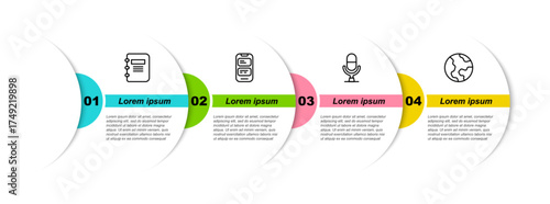 Set line Notebook, Online translator, Microphone voice device and Earth globe. Business infographic template. Vector