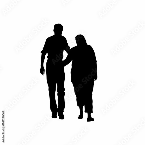 Therapist assisting accident survivor regaining movement silhouette isolated on white background