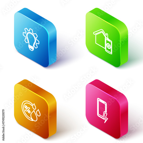 Set Isometric line Light bulb and gear, Smart home remote control system, Humidity and Mobile charging battery icon. Vector